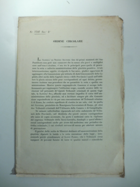 Ordine circolare n. 7787, sezione seconda. Tribunale di Roma; Tribunale della S. Consulta